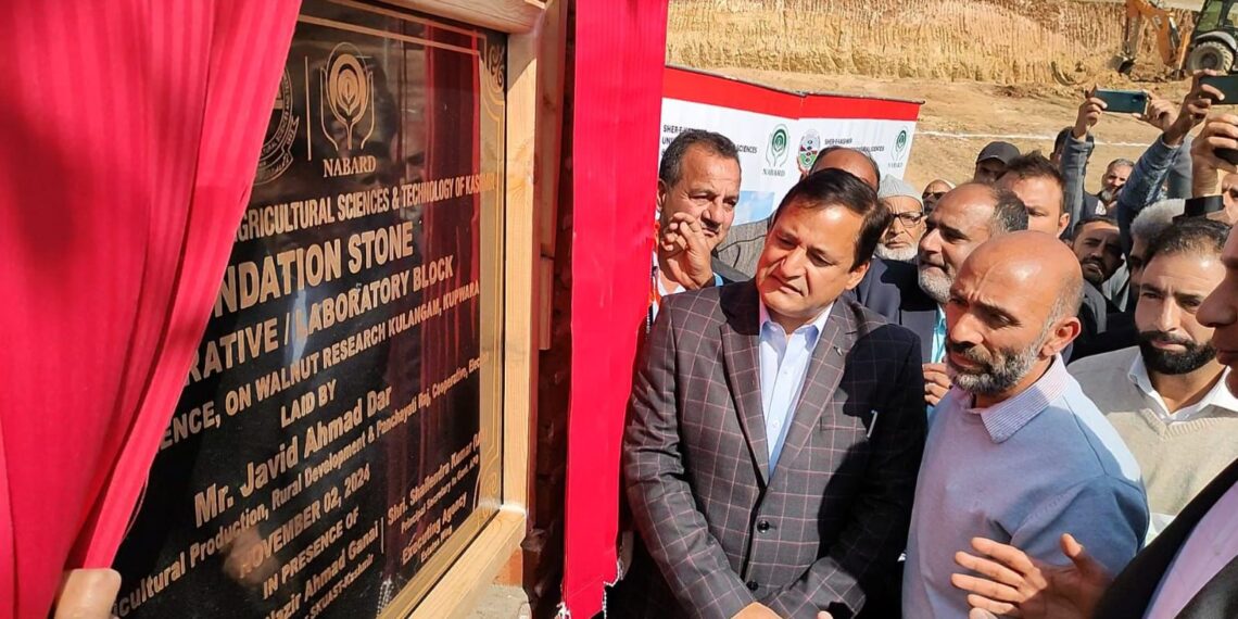 Agriculture Minister Visits Kulangam Kupwara, lays foundation stone of administrative, Lab blocks of Centre for Excellence on walnut Research